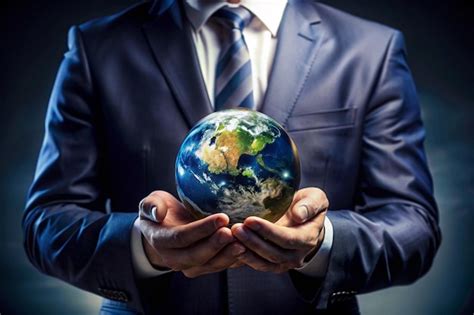 Business Man Holding The Small World In His Hands On Dark Background