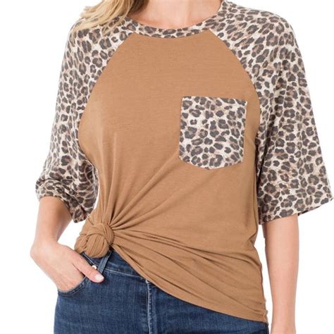 Zenana Outfitters Tops Leopard Raglan Sleeve Patch Pocket Top Camel