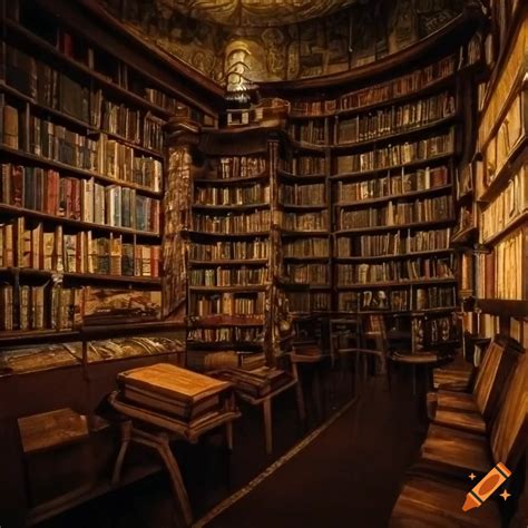 Dimly Lit Library Filled With Cobwebs And Ancient Books