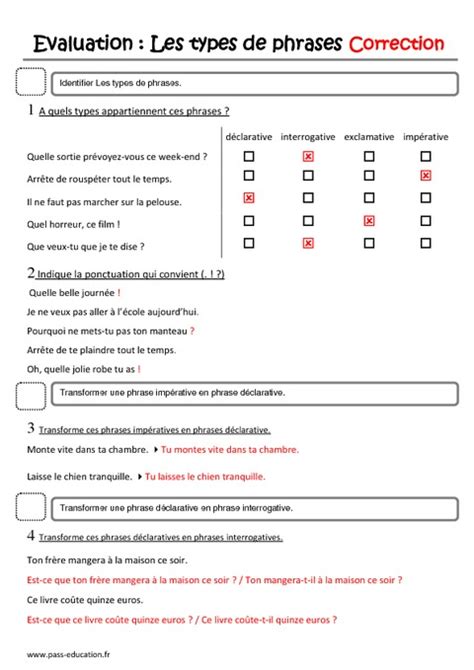 Types De Phrases Ce2 Evaluation Phrase Déclarative Interrogative Impérative Et