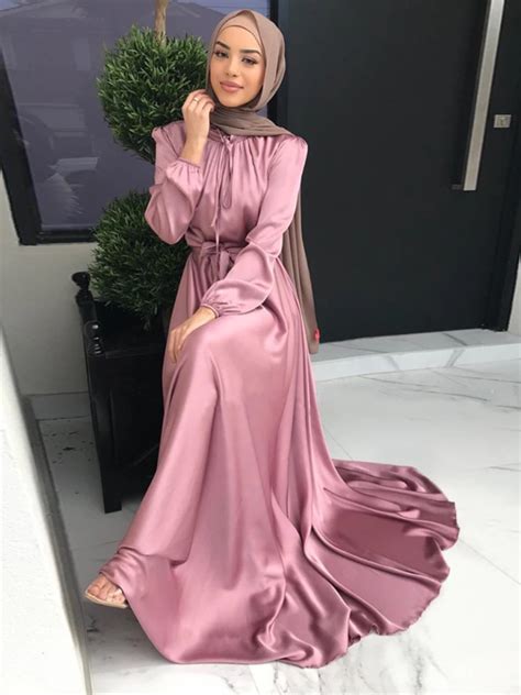 Satin Abaya Long Muslim Dress Elegant Big Swing Belted Hijab Robe Islam