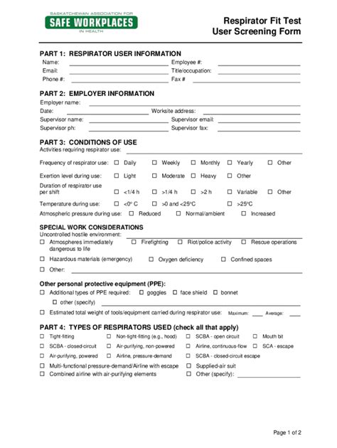 Fillable Online Fit Test Form 1 Of 2 Respirator User Screening Form Fax Email Print Pdffiller