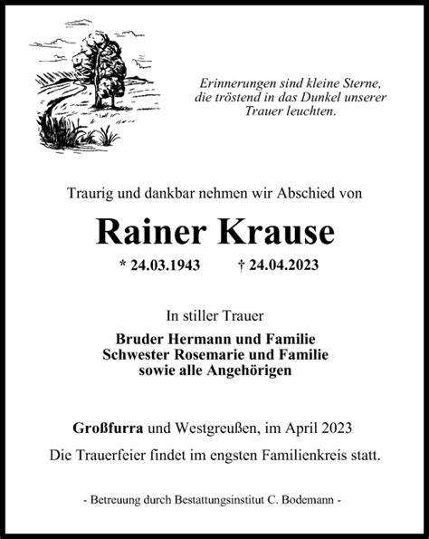 Traueranzeigen Von Rainer Krause Trauer In Thueringen De