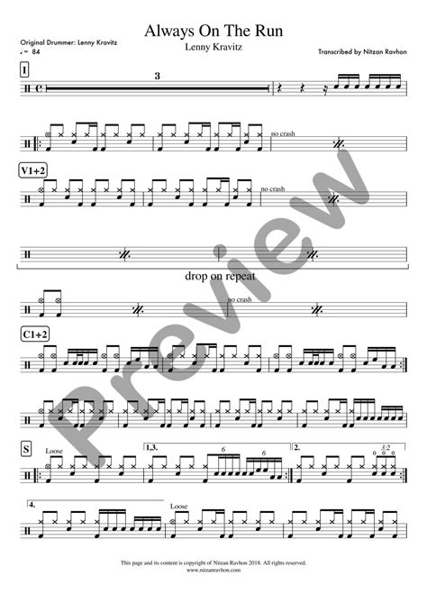 Drum Sheet Music - Lenny Kravitz - Always On The Run