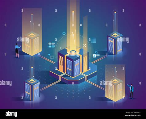 Ilustración Isométrica Plana De Mantenimiento Del Servidor Técnicos De Centros De Datos