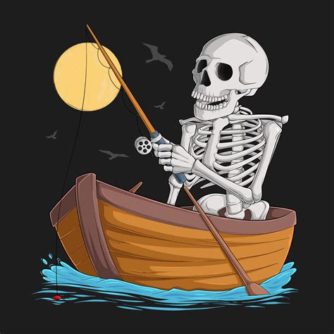 Hand Drawn Funny Skeleton Fishing In Lake On His Old Wooden Boat