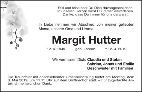 Traueranzeigen Von Margit Hutter Trauer Nn De