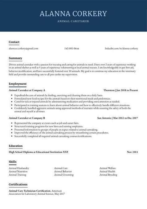 Animal Caretaker Resume (CV) Example and Writing Guide