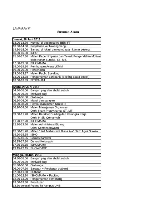 Xlsx Susunan Acara Lkmm 2013 Dokumentips