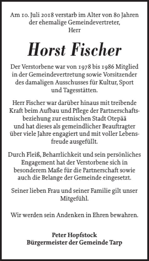 Traueranzeigen Von Horst Fischer Sh Z Trauer