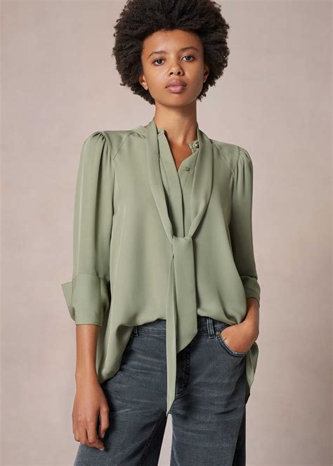 Silk Pussybow Dipped Hem Blouse Tie Sage