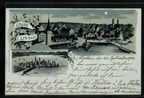 Mondschein Vorläufer Lithographie Lindau Ortsansicht 1600 und 1900