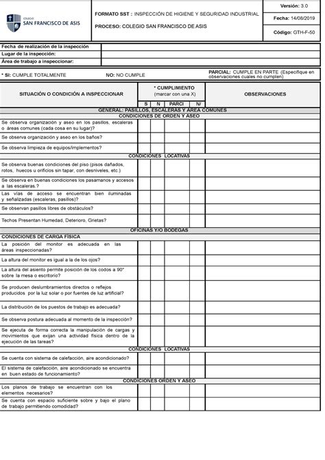 Gth F Formato Sst Inspecci N De Higiene Y Seguridad Industrial