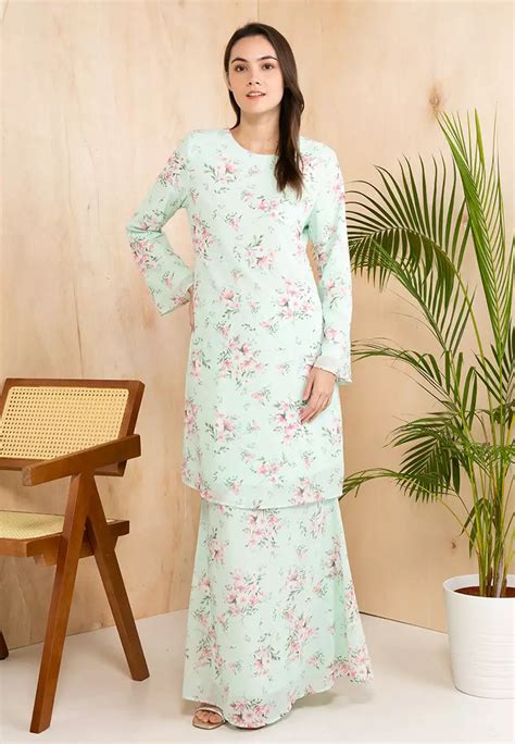 Buy Era Maya Fresh Mint Green Floral Baju Kurung Moden Chiffon