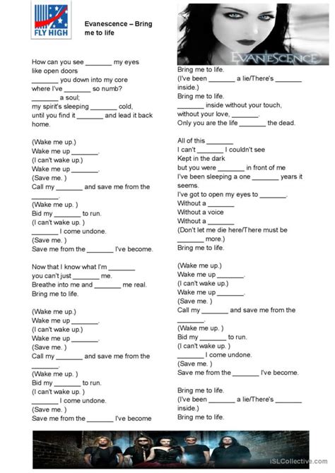 Evanescence Bring Me To Life Song English ESL Worksheets Pdf Doc