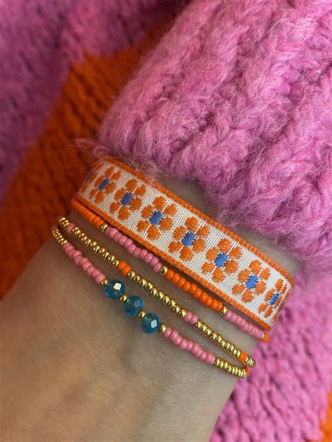 Diy Pakket Armbanden Set Roze En Oranje Met Floral Lint Fris Kralen