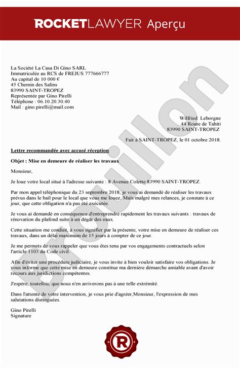 Lettre De Mise En Demeure Pour Degats Des Eaux