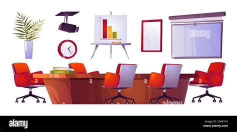 Empty Office Meeting Boardroom Cartoon Vector Interior Set Isolated