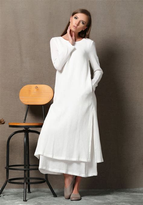 White Dress Women Cotton Dress With Pockets Casual Dress Etsy White