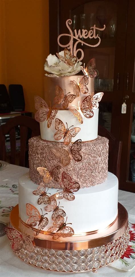 Sweet 16 Birthday Cake With Gold Butterflies