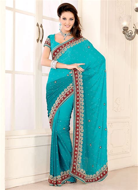 Turquoise Blue Diamond Satin Chiffon Saree Wedding Sarees