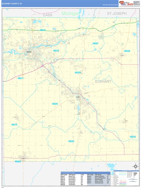 Elkhart County, IN Zip Code Wall Map Basic Style by MarketMAPS - MapSales