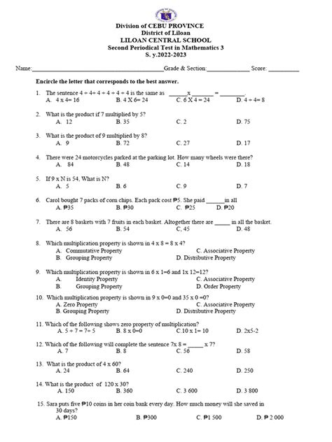 Second Periodical Test In Math 3 Pdf Multiplication Elementary Mathematics