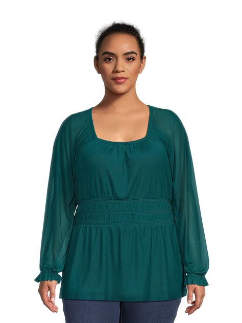 Terra And Sky Womens Plus Size Smocked Waist Mesh Blouse