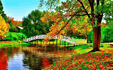 Country Paradise In Autumn Bridge Trees Animated Autumn Country Lake Leaves Fall  Natureza