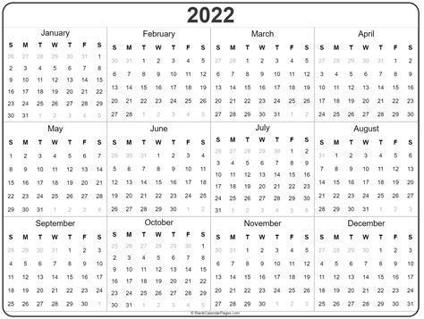 Printable 2022 Calendar Year At A Glance