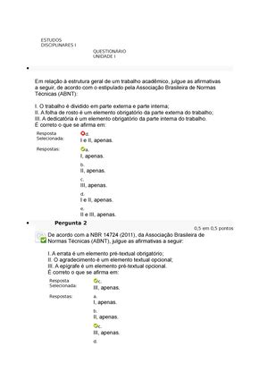 Questionário Unidade II Estudo Disciplinares IV ESTUDOS