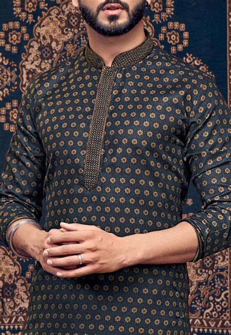 Buy Woven Cotton Jacquard Kurta Set In Navy Blue Online MMS1718