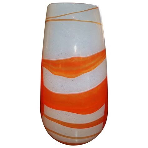 Murano 1960s Art Glass Vase With Swirls Of Orange Red Yellow And Blue At 1stdibs