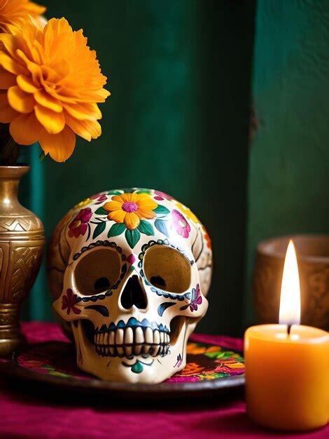 Premium AI Image | Day of the Dead skull with calendula flowers and burning candles