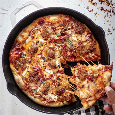 Cast Iron Skillet Pizza With Spicy Sausage And Pickled Onions Skillet