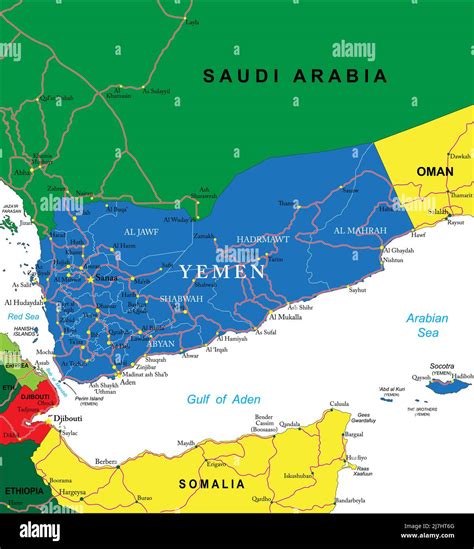 Mapa vectorial muy detallado de Yemení con regiones administrativas