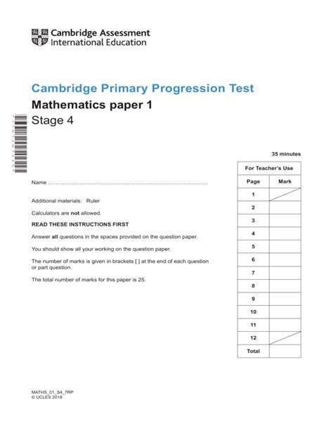 2018 Cambridge Primary Progression Test Maths Stage 4 Qp Paper 1