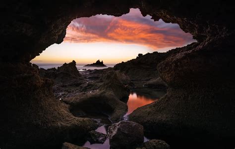 Wallpaper Sea Clouds Sunset Darkness Stones Rocks Shore View For