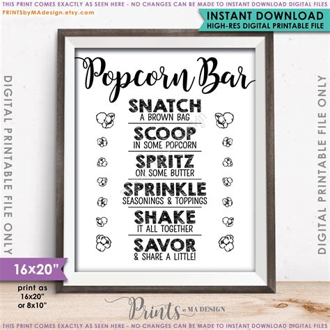 Popcorn Bar Sign Popcorn Toppings Popcorn Bar Directions Wedding Retirement Birthday 8x10