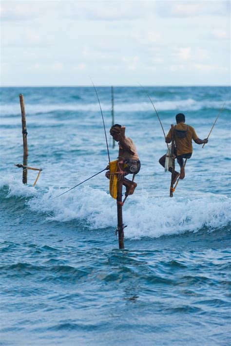 Stilt Fishing Sri Lanka Traditional Pole Dip Wave Editorial Stock Photo