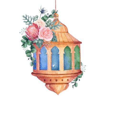 Premium Vector | Watercolor arabic lantern with beautiful floral ...