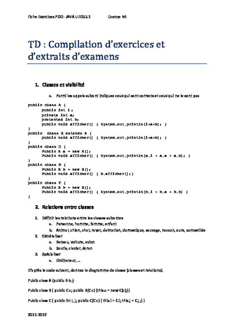 Exercices Java et extraits d examens Télécharger cours informatique