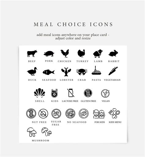 Place Card Template With Meal Icons Editable Wedding Place Etsy