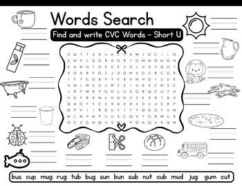 CVC Words – Short U | Word Search & Tracing Activities | 15 Word Phonics