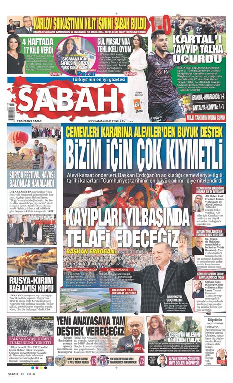 09 Ekim 2022 Pazar Sabah gazetesi manşet