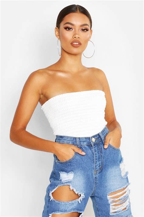 Shirred Tube Top Boohoo Bandeau Top Outfits White Bandeau Top