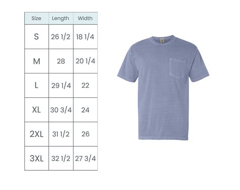 Comfort Colors Short Sleeve Pocket Tee Size Guide