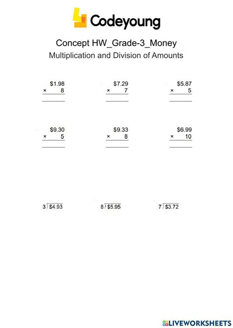 Money Multiplication Worksheet Live Worksheets