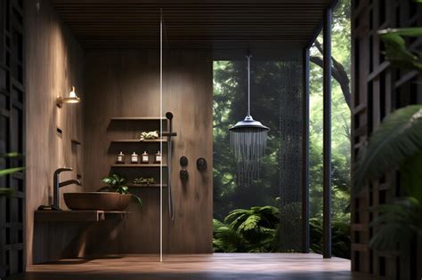 Premium AI Image | a bathroom with a rainforest shower head and teak ...