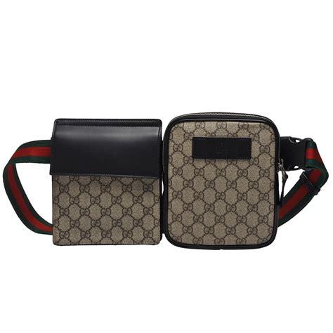 Gucci 經典gg Supreme帆布綠紅綠織帶雙袋斜背 腰包 Gucci Yahoo奇摩購物中心